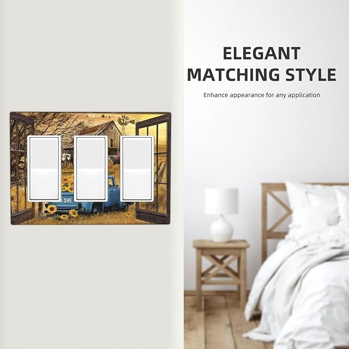 Fall Western Farmhouse Cow 3 Gang Rocker Light Switch Plate Barn door Blue Truck Triple Decora Outlet Wall Cover Faceplate Decorative Wallplate for Bathroom Home Living Room Bedroom Decorate