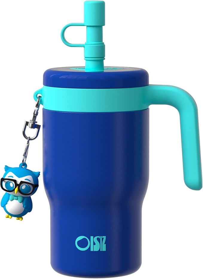 OISIZ 14oz Kids Tumbler with Straw Lid & Handle,Kids Cup with Animal Accessory for School,Kids Water Bottles with Dust-proof Cover,Leakproof Water Bottles,316 Stainless Steel,Keep Cold 24 Hours-blue
