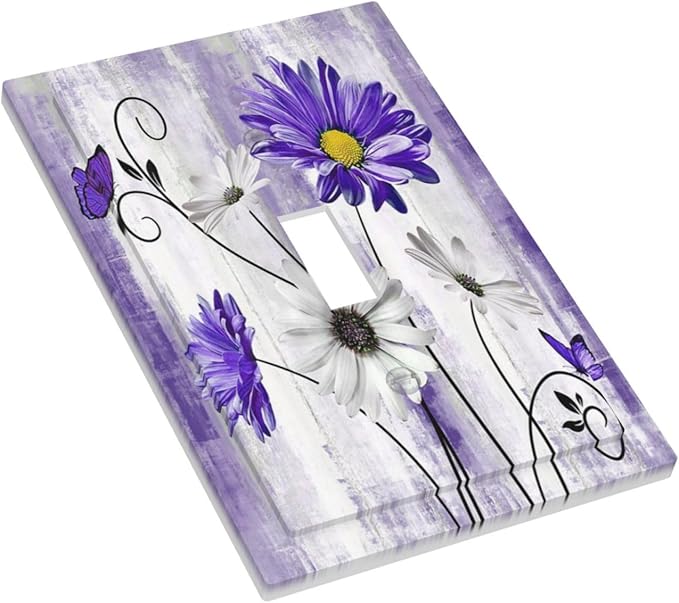 Decorative Light Switch Cover Plate Rustic Purple Daisy Butterfly Boho White Floral 1 Gang Wall Plate Cover Single Toggle Switch Plate Covers Jumbo Electrical Switchplate Receptacle Faceplate