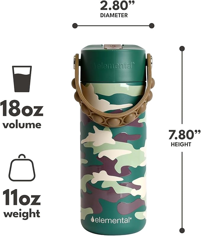 Elemental Insulated Kids Water Bottle, Stainless Steel Water Bottle with Straw Lid & Pop-It Handle, Leak-Proof Water Bottles for School, Boys or Girls, Travelling and Sports, 18oz - Green Camo