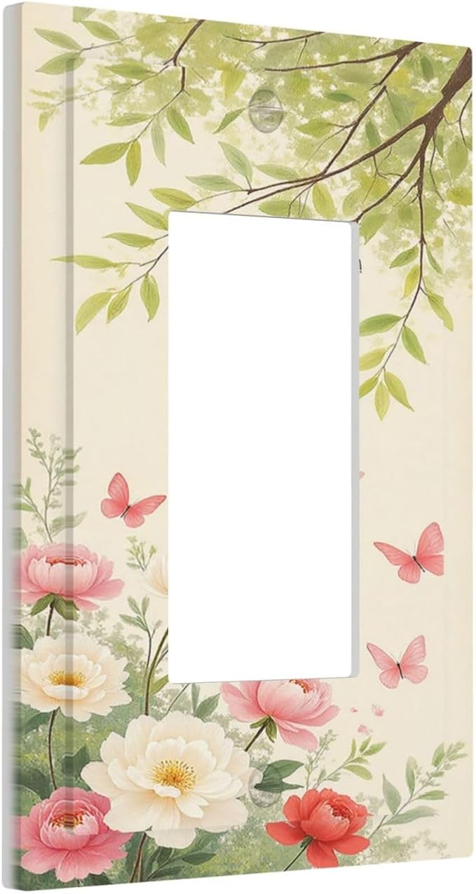 Decorative Outlet Covers Garden Flowers Green Leaves And Butterflies 1 Gang Single Rocker Light Switch Cover Plate Wall Plates GFCI Faceplate for Bedroom Cabin Decor