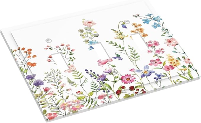 Boho Watercolor Wildflowers Floral Plants Flower Decorative Switch Plates 3 Gang Wall Plate Triple Toggle Light Switch Cover Faceplate Electrical Wall Panels for Bedroom Living Room Decor