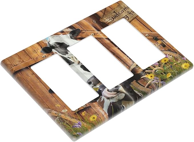 Decorative Switch Plate Covers Farm Cow Farmhouse Barn Door Rustic Vintage Wooden 3 Gang Triple Rocker Decora Light Switch Cover Country Wildlife Funny Outlet Wall Plate Electrical Faceplate GFCI