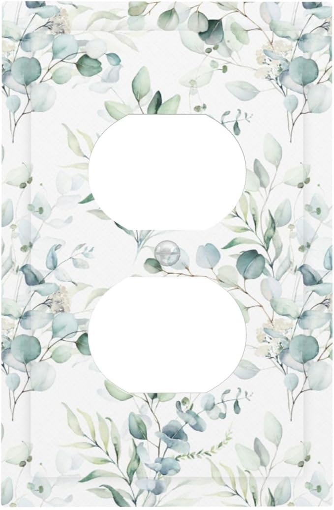 Watercolor Spring Sage Green Eucalyptus Leaf Plant Nature Herb Botanical Floral 1 Gang Duplex Wall Plate Electrical Receptacle Outlet Cover Decorative Dual Device Mid Size Light Switch Plug Face Plate