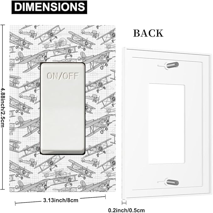 Vintage Biplane Single Rocker Switch Cover - 1-Gang Standard US Size Aviation Blueprint Grid Light Switch Covers, Retro Pilot Dream for Boys Room