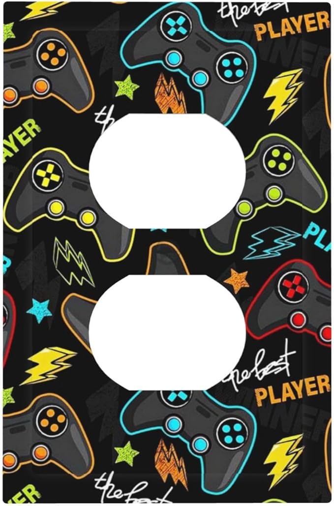 1 Gang Duplex Receptacle Switch Wall Plate Funny Graffiti Video Games Controller Gaming Gamer Teen Kids Boys Gamepad Switchplate Jumbo Size Electrical Outlet Cover Receptacle Plug Cover Faceplate