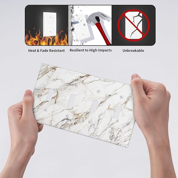 Light Switch Cover Plate White Brown Marble Abstract Modern Luxury 4 Gang Quad Toggle Decorative Switch Plates Wall Panels Electrical Wall Plates Faceplate for Bathroom Kitchen Decor