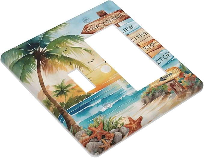Tropical Beach Palm Tree Summer Coastal Ocean Sunset Outlet Covers 1 Toggle 1 Rocker Combination Decorative Wall Plate Electrical Switch Plates Light Switch Cover Plate for Bedroom Living Room Decor