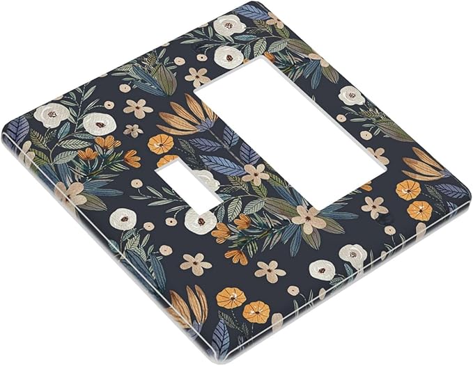Boho Leaf Floral Navy Blue Background 2 Gang Single Toggle Rocker Combination Light Switch Covers Wall Plate Cover Electrical Faceplate Decorative Switchplate for Farmhouse Bedroom Bedroom Decor