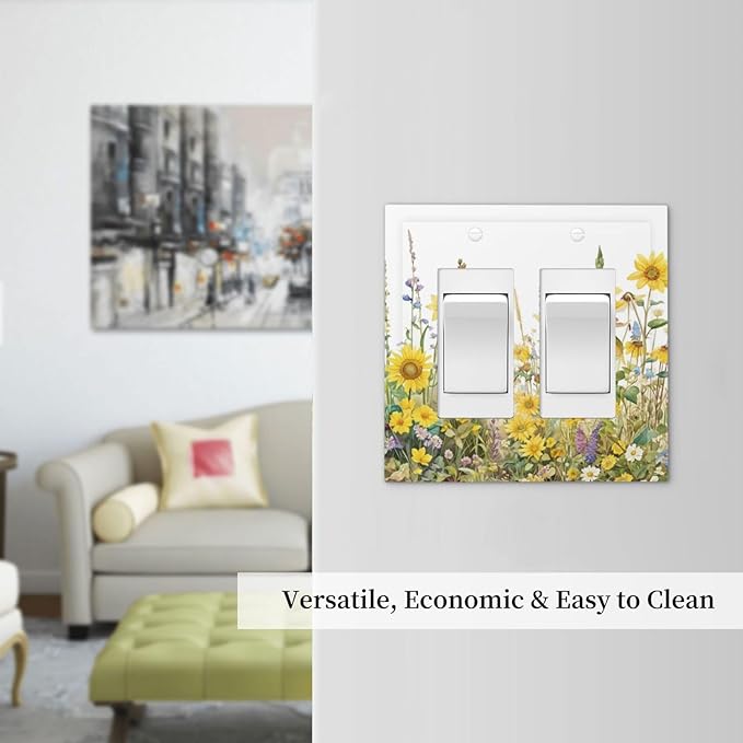 Wildflowers Sunflower Lavender Daisy Floral Decorative Outlet Covers 2 Gang Double GFCI Rocker Electrical Wall Panels Light Switch Cover Plate for Bedroom Living Room Decor