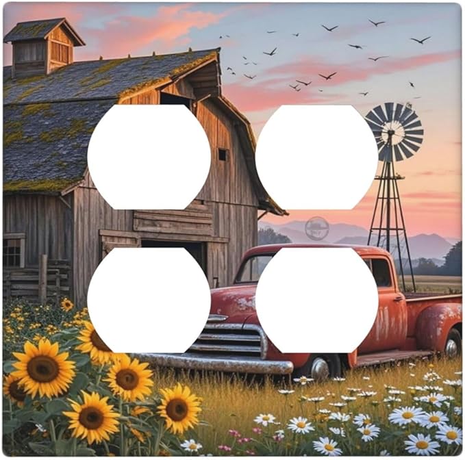 Rustic Barn Red Truck Windmill Sunflower Outlet Covers 2 Gang Double Duplex Decorative Light Switch Covers Electrical Wallplates Socket Faceplate for Farmhouse Home Decor