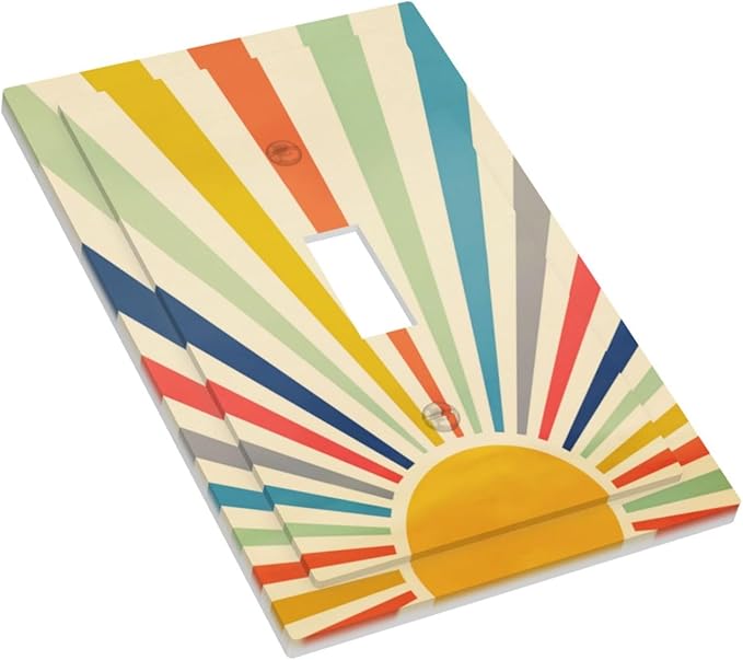 Yellow Retro Boho Rainbow Sun Decorative Single Toggle Wall Plate Outlet Covers 70s Mid Century Abstract Art 1-Gang Sunrise Decorator Light Switch Faceplate Electrical Receptacle Cover Jumbo Size