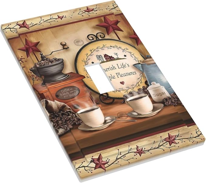 Kitchen Coffee Beans Cup Bar Clock Restaurant Decorative Light Switch Cover 1-Gang Cafe Country Life Texas Star Dining Room Single Toggle Wall Plate Electrical Device Switch Face Wallplate Jumbo Size