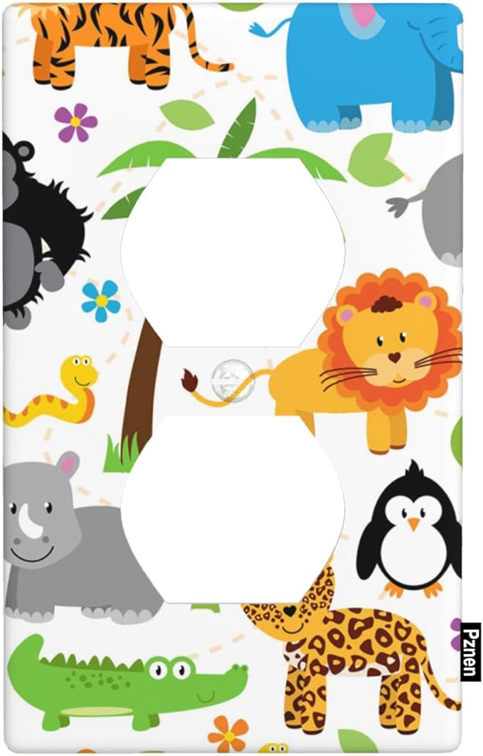 Cartoon Jungle Safari Animals Outlet Covers Colorful Elephant Giraffe Lion Woodland Wildlife Duplex Receptacle Wall Plate Standard 1-Gang 4.5" X 2.76" for Boys Girls Room
