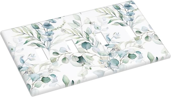 Green Eucalyptus Leaf Decorator Light Switch Cover Wall Plate 4 Gang Quad Toggle, Watercolor Spring Boho Eucalyptus Leaves Tree Top Wild Flower Decorative Electrical Outlet Cover Switchplate Faceplate