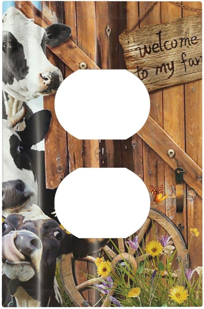 Decorative Switch Plate Covers Farm Cow Farmhouse Barn Door Rustic Vintage Wooden 1 Gang Receptacle Duplex Wall Plate Light Switch Cover Single Dual Device Outlet Plate Electrical Faceplate