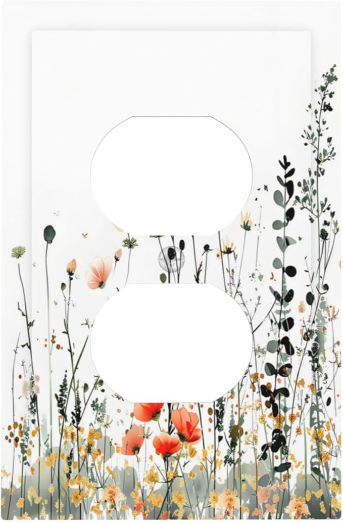 Vintage Country Style Watercolor Leaves Wildflowers Floral Outlet Covers 1 Gang Duplex Light Switch Cover Decorative Switch Plates Electrical Receptacle Faceplate Wall Plate for Bedroom Living Room