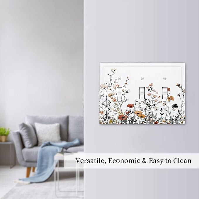 Decorative Switch Plates Vintage Wildflower Colorful Plants Floral 3 Gang Wall Plate Triple Toggle Light Switch Cover Faceplate Electrical Wall Panels For Bed Room Living Room Decor