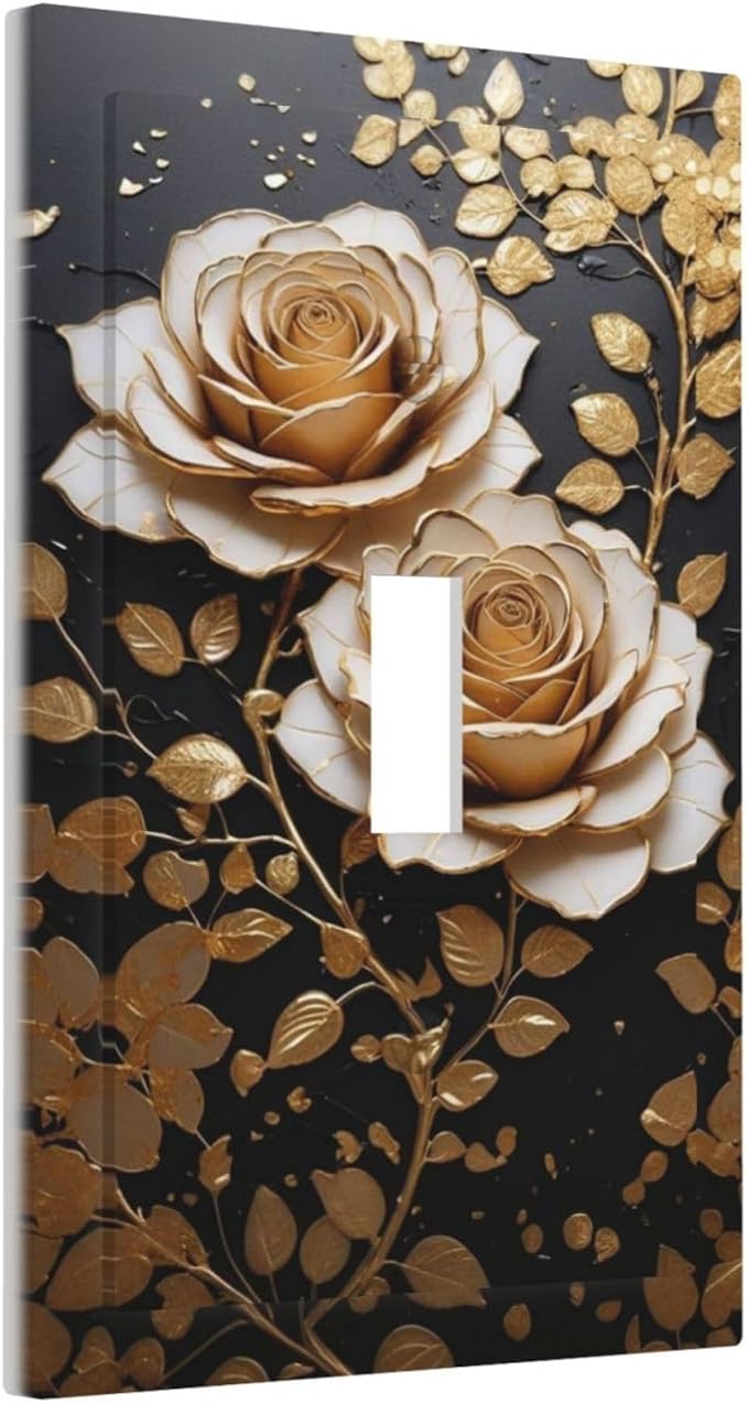 Decorative Light Switch Plate Covers Big Golden White Roses Glod Leaves Black Background 1 Gang Wall Plate Single Toggle Switch Cover Plate Jumbo Electrical Switchplate Receptacle