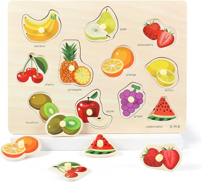 GRINNNIE Wooden Peg Puzzle for Toddlers 3 4 5 Years Old, 4 PCS Montessori Educational Learning Puzzles Set-Numbers, Letters, Animals and Fruits, Great Preschool Gifts for Girls and Boys (Pack of 2)