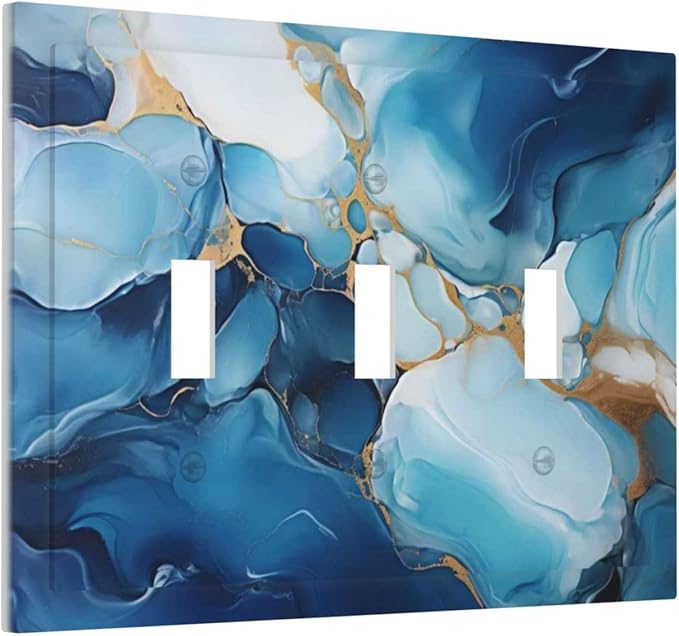 Decorative Light Switch Plate Covers Artistic Abstract Blue Marble Gold Line Painted 3 Gang Wall Plate Switch Cover Plate Triple Toggle Jumbo Electrical Faceplate for Bathroom Decor