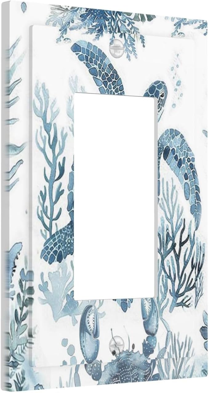 Blue Sea Turtle Coastal Coral Beach Crab Seaweed Decorative Outlet Covers 1 Gang Single Rocker Light Switch Cover Plate Wall Plates GFCI Faceplate for Kids Room Bathroom Decor