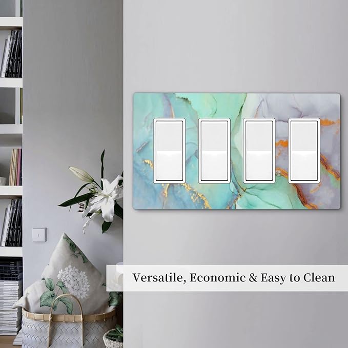 Teal Green Marble 4 Gang Quad Rocker/Decor Light Switch Cover Plate Decorative Electrical Faceplate for Bathroom Room Decorate Jumbo Size Screwless 8.3" x 4.6