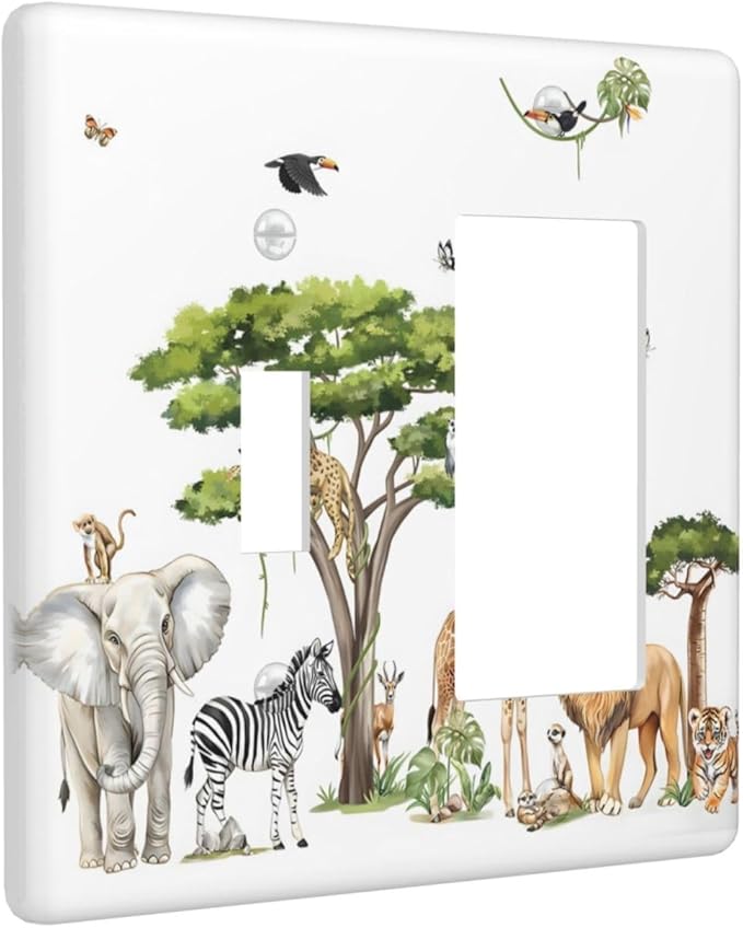 Large Animals Elephant Giraffe Jungle Lion Leopard Zebra Outlet Covers 1 Toggle 1 Rocker Combination Decorative Wall Plate Electrical Switch Plates Light Switch Cover Plate for Kids Room Nursery Decor