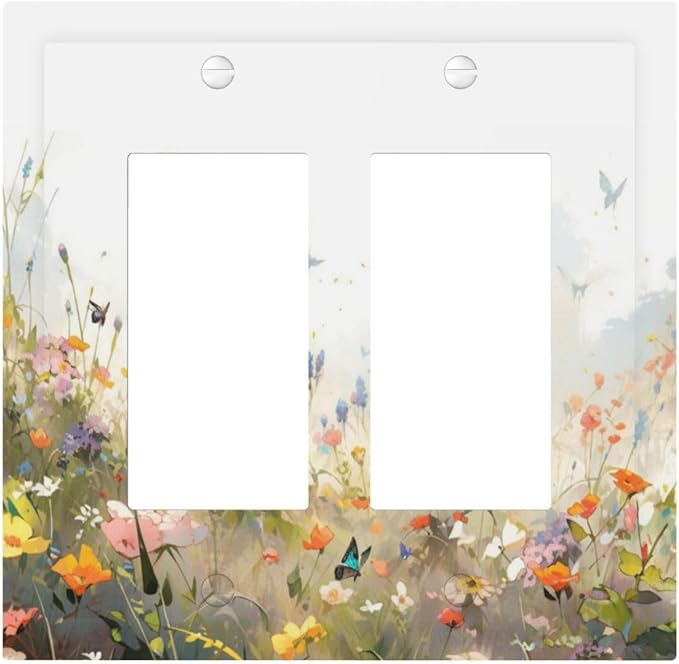 Wildflowers Watercolor Floral Colorful Butterfly Decorative Outlet Covers 2 Gang Double GFCI Rocker Electrical Wall Panels Light Switch Cover Plate for Farmhouse Bed Room Decor