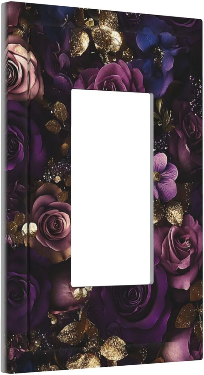 Decorative Light Switch Cover Plate with Luxurious Purple Roses Gold Accents Leaves Design 1 Gang Rocker Outlet Covers Single Decora Gfci Device Wall Plate for Romantic Bedroom/Living Room