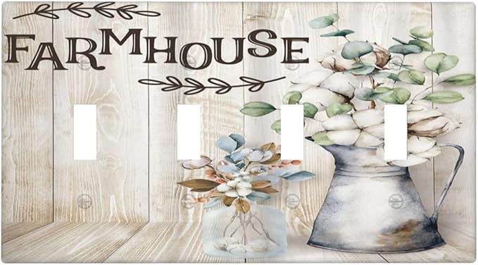 Decorative Switch Plate Covers Farmhouse Floral Cotton 4 Gang Device Light Switch Cover Rustic Country Flower Quad Toggle Wall Plate Electrical Faceplate for Country Bathroom Bedroom Decor