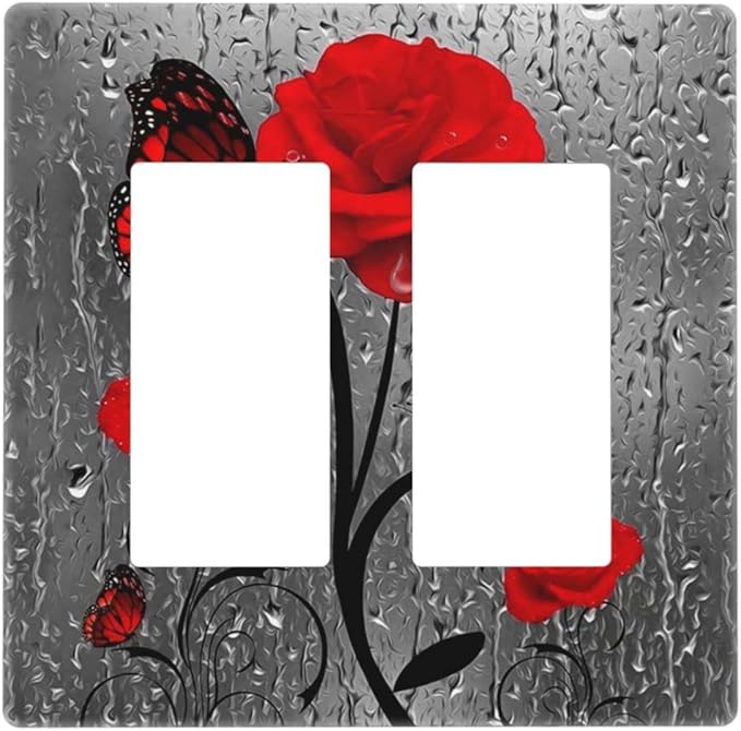 Butterfly Red Rose Flower 2 Gang Double Rocker/Decor Light Switch Cover Decorative Outlet Wall Plate Electrical Faceplate Home Bedroom Art Panel Decor Screwless 4.7" x 4.6