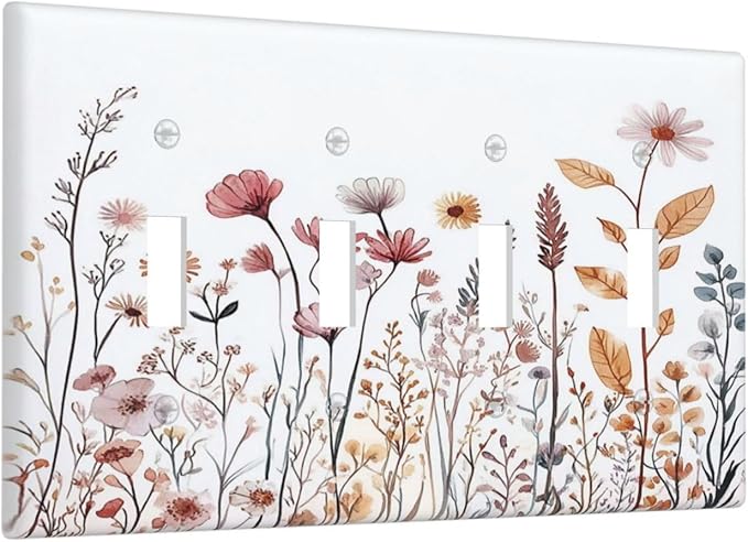 Light Switch Covers Spring Floral Pink Wildflower Leaves Plants Quad Toggle Electrical Faceplate 4 Gang Wall Plate Decorative Switch Plates For Home Bed Room Decor
