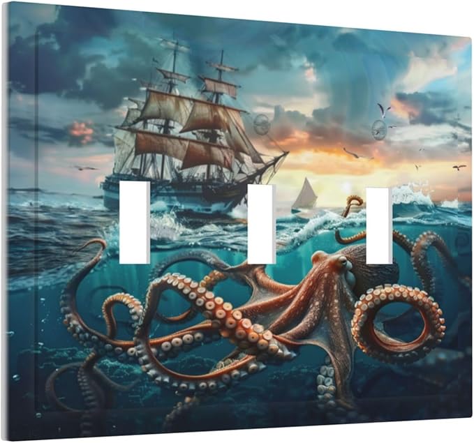 Light Switch Cover Plate Sailboat Ship Octopus Ocean Sea Waves 3 Gang Triple Toggle Decorative Switch Plates Wall Plates Electrical Switchplate Faceplate for Bathroom Bedroom Decor
