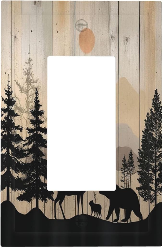 Decorative Outlet Covers Wood Board Wildlife Cute Bear Deer Forest Rustic 1 Gang Single Rocker Light Switch Cover Plate Wall Plates GFCI Faceplate for Bathroom Farmhouse Decor