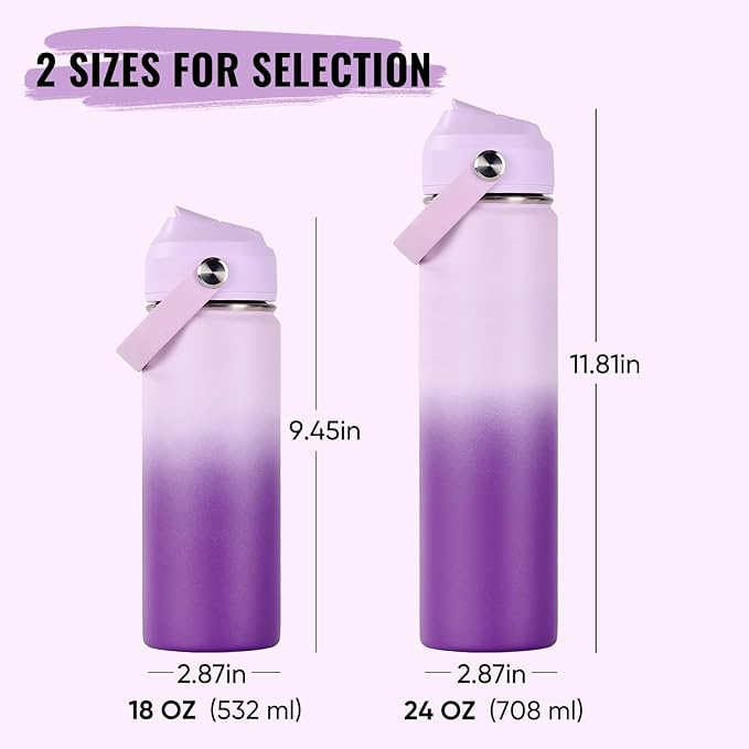 Fijinhom 18oz Insulated Stainless Steel Water Bottle, Wide Mouth Double Wall Vacuum, Silicone Straw, Sweat & Leak Proof, BPA Free Insulated Water Flask for Travel, Purple Gradient