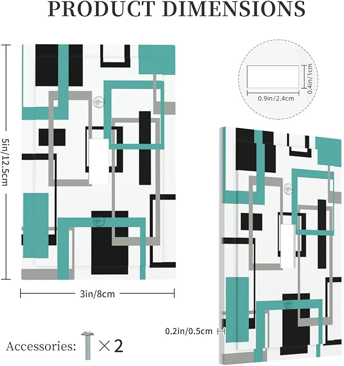 Geometric Turquoise Black Gray Modern Abstract Boho Decorative Light Switch Cover 1 Gang Single Toggle Device Electrical Faceplate Switchplates Decorator Outlet Wall Plate for Office Nursery Decor