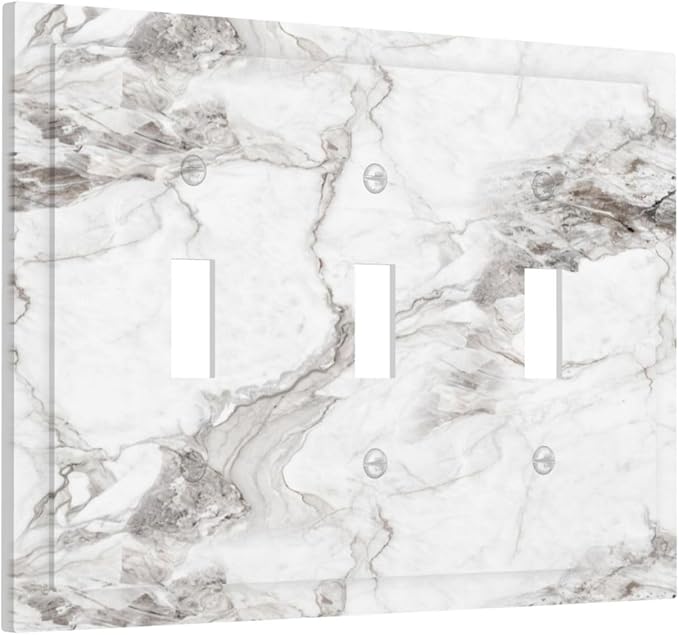 White And Gray Marble Patterns Texture Abstract Print Decorative Switch Plates 3 Gang Wall Plate Triple Toggle Light Switch Cover Faceplate Electrical Wall Panels for Bathroom Kitchen Decor