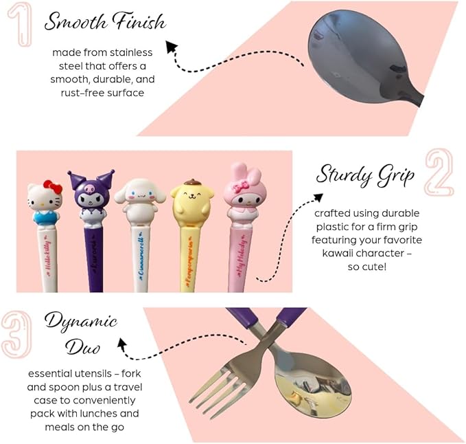 Stainless Steel Cutlery Tableware Flatware Silverware 3 Piece Set Portable Reusable Travel Cute Kawaii Anime Cartoon Dog Bunny for Boys and Girls (Pink Melody)