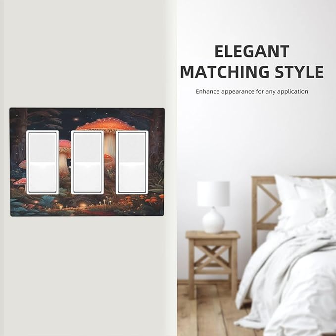 Decorative Art Light Switch Covers Enchanted Mushroom Forest 3 Gang Triple Rocker Outlet Switch plate GFCI Faceplate GFCI for Home Decor