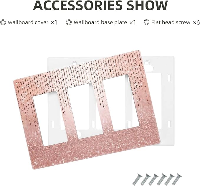 Pink Glittery Bling 3 Gang Triple Rocker/GFCI Light Switch Wall Plate Cover Decorative Electrical Faceplate for Kids Living Room Bedroom Decor Screwless 6.57" x 4.65