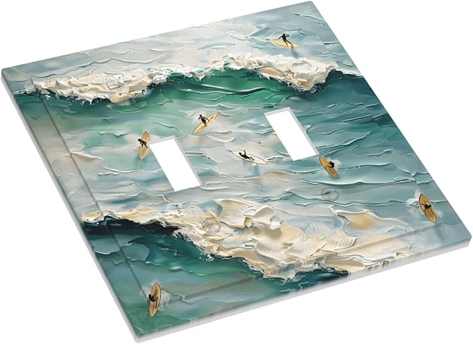 Beach Waves Ocean Surfing Hoverboard Painting Print Decorative Switch Plates 2 Gang Double Toggle Outlet Light Switch Cover Wall Plate Electrical Faceplate for Bedroom Living Room Decor