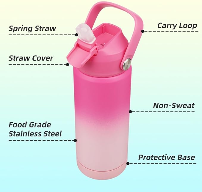 Konokyo Insulated Water Bottle with Straw Lid,18 oz Stainless Steel Vacuum Metal Bottle with Silicone Handle,Cherry Blossom