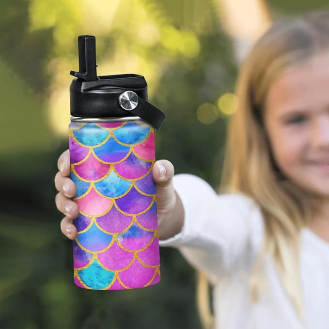 Mermaid Water Bottle for Girls Kids Kid Insulated Water Bottles 12oz Stainless Steel Travel School Tumbler Double Wall Vacuum Cup with Straw