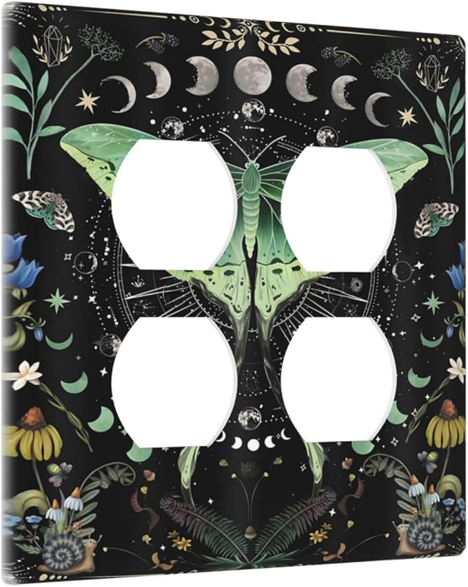 Moon Phase Butterfly Wildflower Plant Mysterious Night Moonlit Outlet Covers 2 Gang Double Duplex Decorative Light Switch Covers Electrical Wallplates Socket Faceplate for Bedroom Living Room Decor