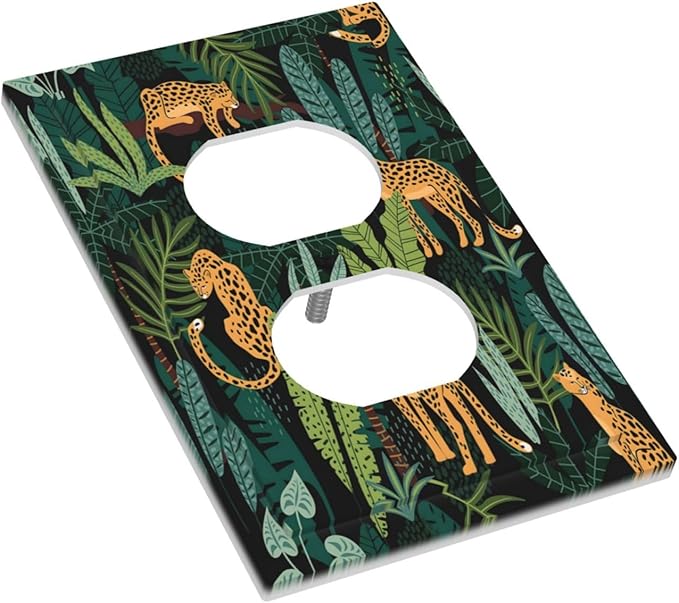 Jungle Cheetah Tropical Wildlife Leopard Green Palm Leaf Outlet Covers 1 Gang Duplex Light Switch Cover Decorative Switch Plates Electrical Receptacle Faceplate Wall Plate for Farmhouse Home Decor
