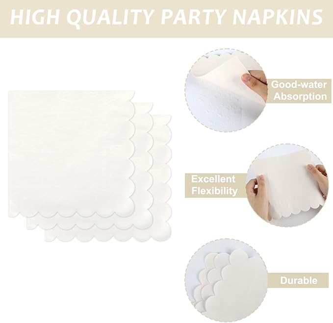 CHUNNIN 50Pcs Cream Scalloped Party Paper Plates and Napkins Scalloped Dessert Plates Birthday Party Decorations Shell Edge Disposable Tableware Set Serves 25 Guest Baby Shower Wedding Supplies