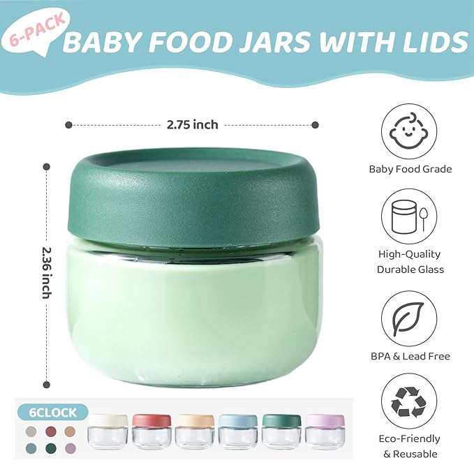 Glass Baby Food Storage Containers, Baby Food Jars, 6 Pack Small Glass Containers with Lids, 4 oz Leakproof Baby Food Storage Containers, BPA Free Microwave/Freezer/Dishwasher Safe, Kids Spoon Fork