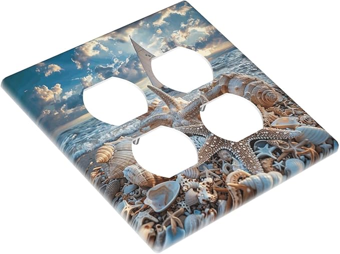 Decorative Outlet Covers Ocean Sea Beach Starfish Seashell Sailboat Sunset 2 Gang Wall Plate Double Duplex Light Switch Cover Switch Plate Covers Faceplate for Bedroom Home Decor