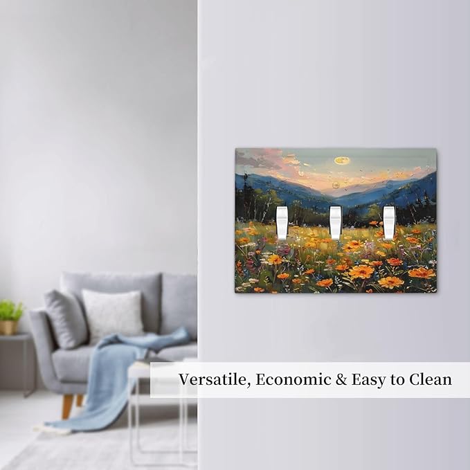 Sunset Wild Flower Field Floral Nature Landscape Decorative Switch Plates 3 Gang Wall Plate Triple Toggle Light Switch Cover Faceplate Electrical Wall Panels for Farmhouse Bedroom Decor